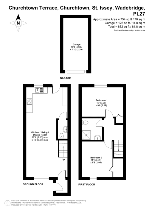 Floor plan of Sunflower Cottage in Churchtown, St. Issey showing garage, kitchen/dining area, 2 bedrooms, and bathrooms