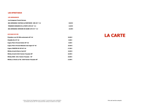 Carte des vins et spiritueux du Château de MauMusson présentant les armagnacs et whiskies avec tarifs