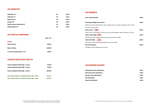 Menu du Château de MauMusson avec apéritifs, Champagne, caviar, desserts et boissons chaudes