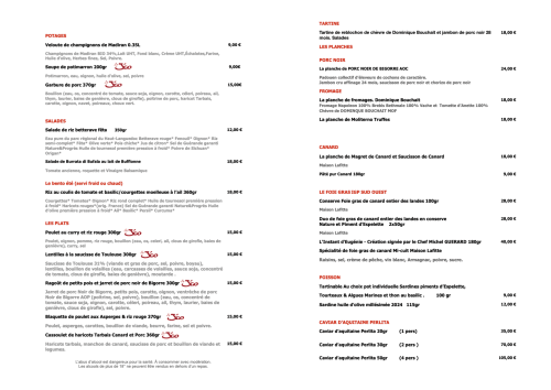 Menu du restaurant Château de MauMussson présentant la cuisine française, salades, plats principaux et spécialités de foie gras