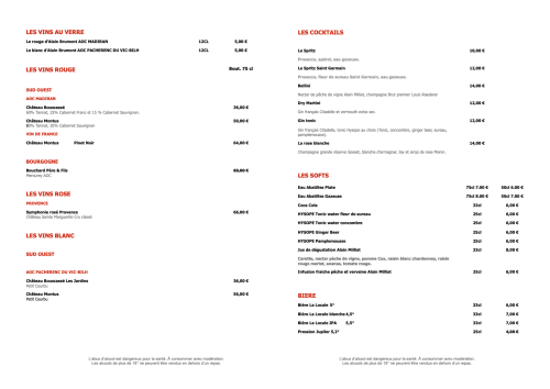 Carte des vins et cocktails du Château de MauMusson avec sélection de vins rouges, blancs, rosés et boissons