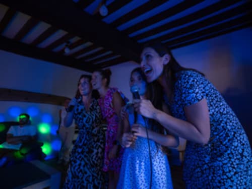 Quatre femmes qui chantent au karaoké à Gites Les Muriers, une petite auberge chaleureuse à Bourgvilain éclairée par des lumières bleues