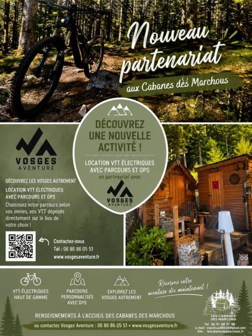 Cabane en bois aux Cabanes des Marchous avec service de location de VTT électrique en forêt des Vosges
