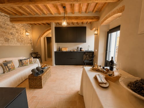 Tuscan townhouse apartment with exposed beams, arched doorways, kitchenette, sofa bed and modern amenities in Montemassi