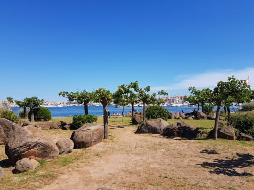 Jardin en bord de mer à La Montagnette, Cap d'Agde avec arbres, rochers et vue sur la marina