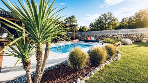 Piscine chauffée à la Villa Cinto avec palmiers, transats et jardin paysagé en Corse