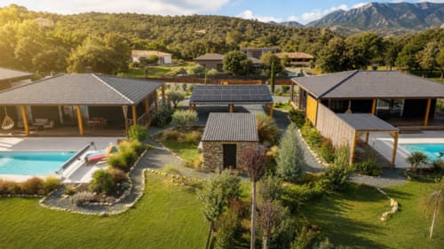 Vue aérienne de villas luxueuses avec piscine chauffée et vue sur les montagnes aux Villas Vallée d'Asco en Corse