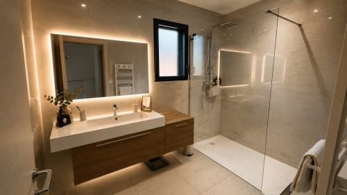 Salle de bain moderne et luxueuse à la Villa Capu Biancu en Corse avec miroir éclairant, vanité en bois et douche à l'italienne