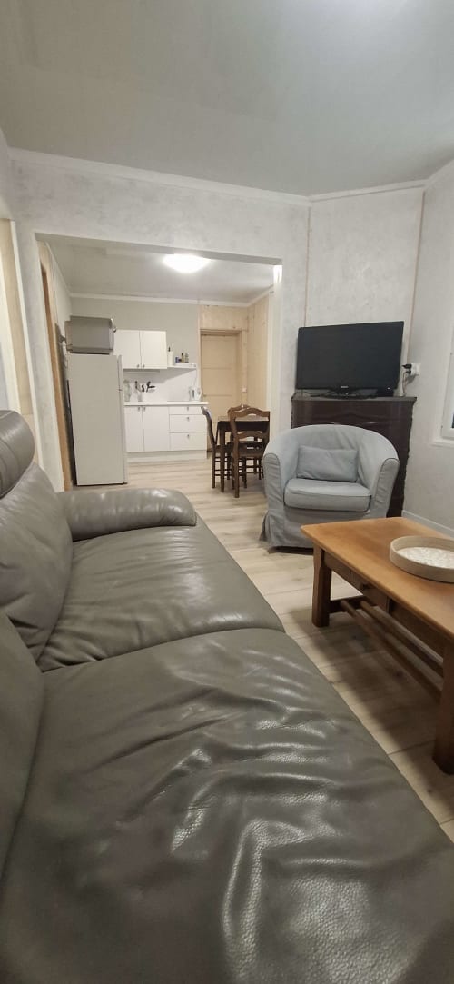 Salon d'appartement Accolade avec canapé cuir gris, téléviseur, cuisine et mobilier bois à Châteaudun