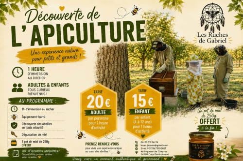 Découverte de l'apiculture aux Ruches de Gabriel près de Coly-Saint-Amand, adultes 20€, enfants 15€