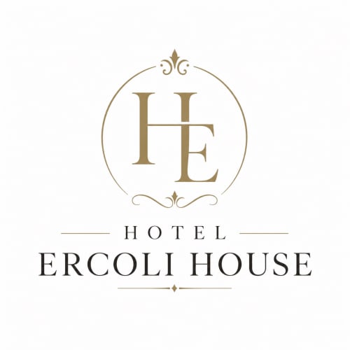 Logo Hotel Ercoli House con elegante monogramma HE dorato, branding di lusso bed and breakfast italiano