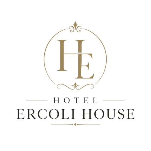 Logo Hotel Ercoli House con elegante monogramma HE e ornamenti floreali, lussuosa guest house in Italia