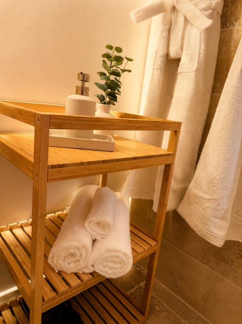 Étagère en bois de salle de bain avec serviettes blanches roulées, distributeur de savon et plante en pot à l'hôtel L'Escapade au Mans
