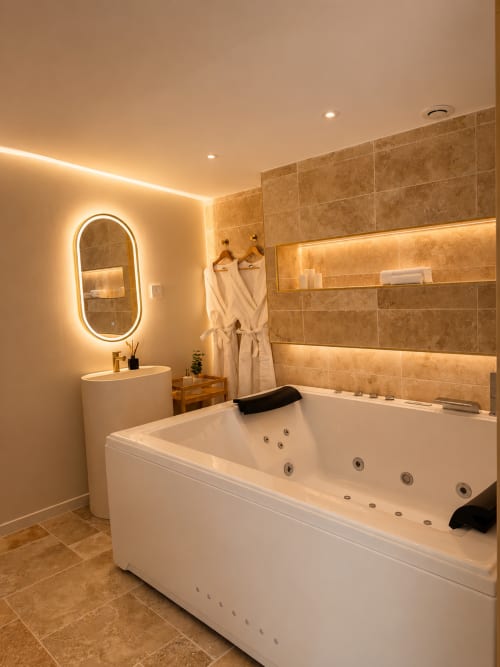 Salle de bain luxueuse à L'Escapade Le Mans avec baignoire jacuzzi blanche, murs carrelés chauffants, miroir illuminé et éclairage ambiant.