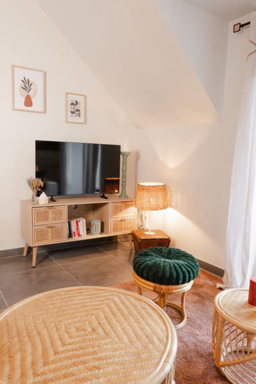 Salon douillet du gîte Le Hameau de Céline avec télévision, mobilier en rotin et décoration botanique murale à Landes-le-Gaulois