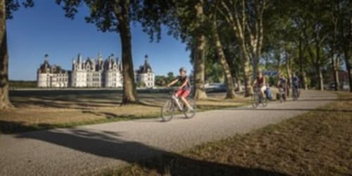 Des cyclistes parcourent un sentier bordé d'arbres à La Grange Aux Etangs à Sennely, France, avec le château visible.