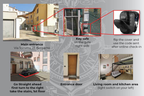 The Kraken Inn Bergamo entry guide showing main entrance, key safe location, entrance door, and living room with navigation