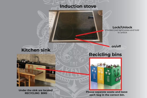 The Kraken Inn kitchen guide showing induction stove controls, sink location, and recycling bin instructions for Bergamo