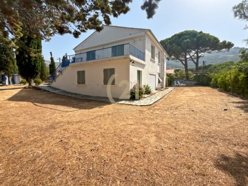 Maison blanche moderne avec terrasse à Calvi, Corse, vue sur jardin et cour en pierre méditerranéenne