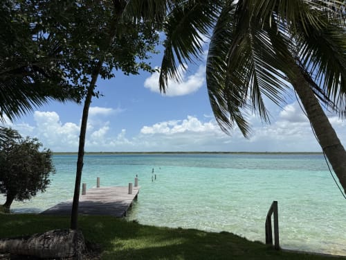 Vista del lago turqueso desde Casa Manglar del hostal Cayuco Maya en Bacalar, México con muelle de madera y palmeras