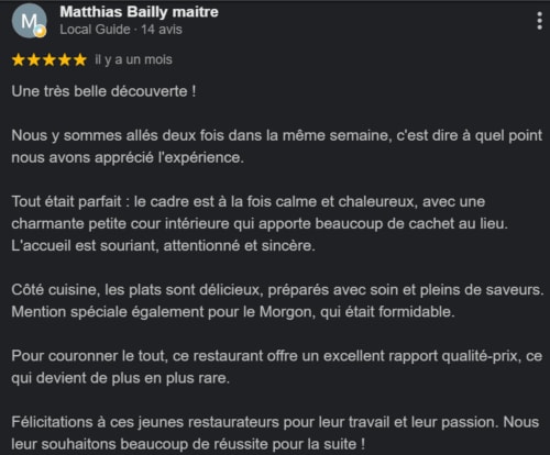 Five-star review by Matthias Bailly praising Clos De La Gourmandière restaurant and hospitality in Saint-Lothain