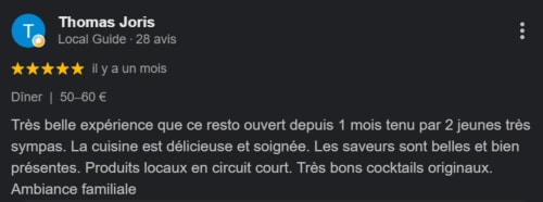 5-star Google review by Thomas Joris, Local Guide, praising Clos De La Gourmandière restaurant in Saint-Lothain for excellent