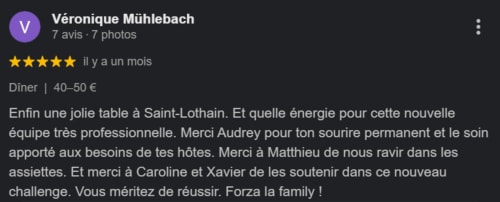 Five-star review for Clos De La Gourmandière restaurant in Saint-Lothain praising the dining experience and professional