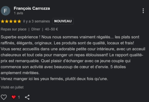 5-star Google review by François Carrozza for Clos De La Gourmandière restaurant in Saint-Lothain