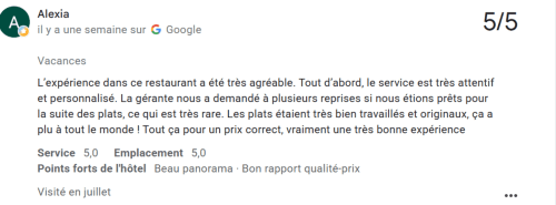 5-star Google review for Clos De La Gourmandière restaurant in Saint-Lothain praising attentive service and quality cuisine