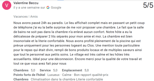 Avis 5 étoiles Google de Valentine Beccu pour le gîte Clos De La Gourmandière à Saint-Lothain