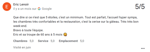 Avis Google 5 étoiles pour le Clos De La Gourmandière d'Eric Lenoir félicitant les chambres confortables et le restaurant
