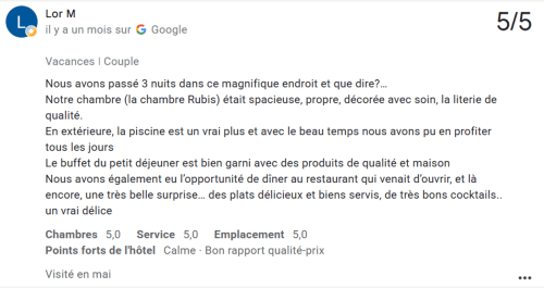 Avis Google 5 étoiles pour la maison d'hôtes Clos De La Gourmandière à Saint-Lothain : chambres spacieuses, piscine et restaurant