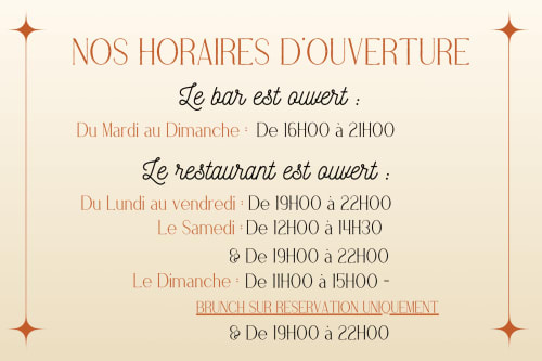 Clos De La Gourmandière opening hours: bar Tuesday-Sunday 4PM-9PM, restaurant Monday-Friday 7PM-10PM, Saturday noon-2:30PM &