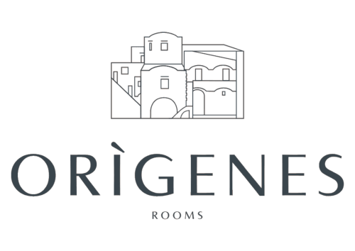 Logo Origenes Rooms con illustrazione architettonica di edifici mediterranei, bed and breakfast in Italia