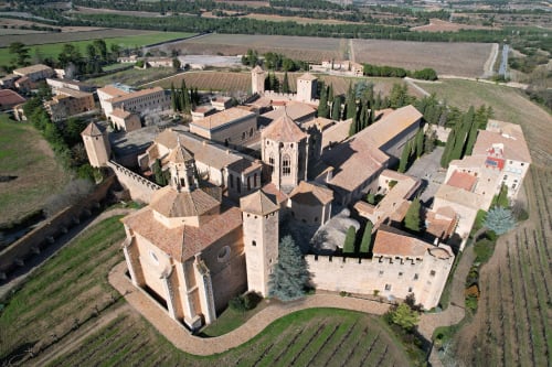 Aerial view of Rentalaya medieval castle estate with terracotta roofs, towers, and cypress trees surrounded by farmland in