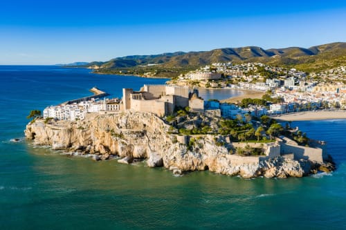 Peniscola Castle on Mediterranean coast with historic fortress and beaches in Spain