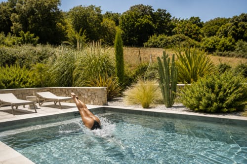 Homme plongeant dans la piscine turquoise de la Villa Alora à Calenzana avec transats, cactus et paysage méditerranéen