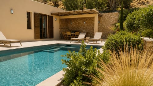 Piscine de la Villa Alora avec chaises longues et patio en pierre à Calenzana, Corse