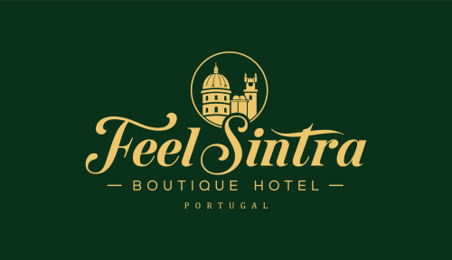 Logótipo do Feel Sintra Boutique Hotel com cúpula dourada e ícone de castelo em fundo verde, Portugal