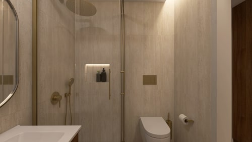 Modern bathroom at Feel Sintra with walk-in shower, toilet, and elegant beige tile finishes