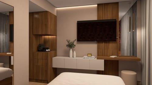 Quarto moderno no Feel Sintra em Sintra com painéis de madeira, TV mural, penteadeira branca e mobiliário contemporâneo