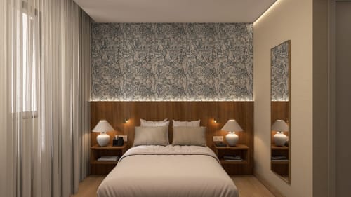 Quarto moderno do hotel boutique Feel Sintra em Portugal, com painéis de madeira, cabeceira com padrão e