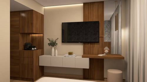 Quarto de hotel moderno no Feel Sintra com painéis de madeira, TV na parede, cómoda branca e mobiliário contemporâneo em Sintra,