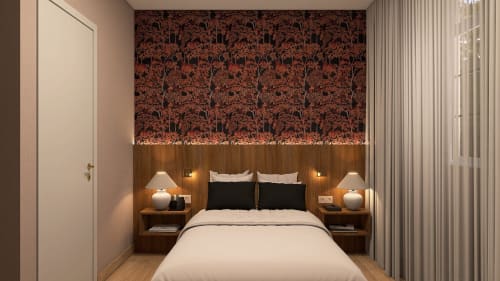 Quarto moderno do hotel Feel Sintra em Portugal com cabeceira em madeira, papel de parede estampado e vista para a cidade