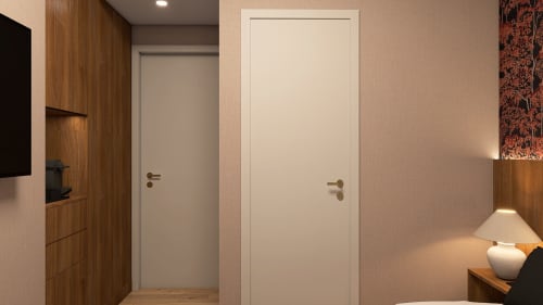 Entrada do quarto moderno do hotel Feel Sintra em Portugal, com portas creme e painéis de madeira com iluminação ambiente