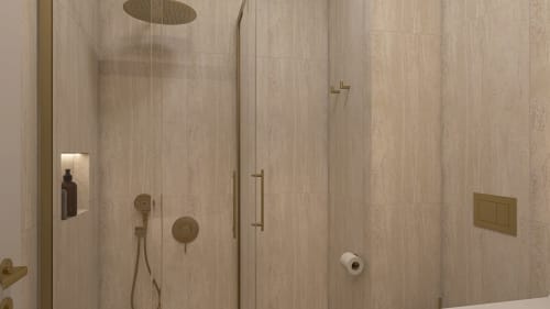 Moderno box de duche com chuveiro de chuva e acabamentos em bronze no hotel boutique Feel Sintra, em Sintra, Portugal