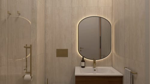 Banheiro moderno na Feel Sintra B&B em Sintra com espelho oval iluminado, pia branca e paredes com textura de madeira