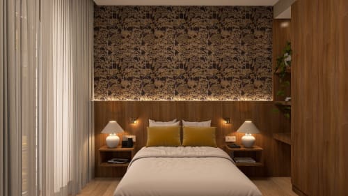 Quarto moderno no Feel Sintra com revestimento em madeira, cama queen, papel de parede estampado, luminárias de cabeceira e vista para a cidade