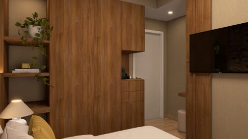 Quarto moderno do Feel Sintra com acabamentos em madeira, TV de parede, prateleiras com plantas e mobiliário contemporâneo