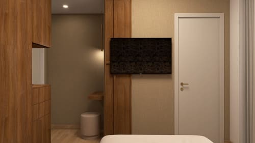 Quarto moderno no Feel Sintra B&B em Sintra com painéis de madeira, TV na parede e casa de banho privativa com chuveiro